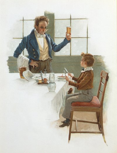 Le serveur amical, illustration de David Copperfield (1850) par Charles Dickens (1812-70) - English School
