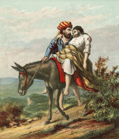 Le Bon Samaritain prenant soin du voyageur blessé - English School