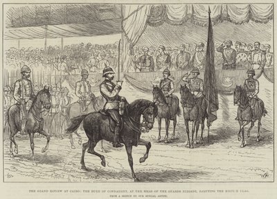 La grande revue au Caire, le duc de Connaught, à la tête de la brigade des gardes, saluant le drapeau britannique (gravure) - English School