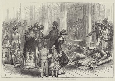 La grande catastrophe sur la Tamise, scène dans le chantier naval de Woolwich (gravure) - English School