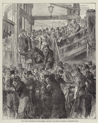 La grande catastrophe sur la Tamise, ramenant les morts à terre à Woolwich Pier (gravure) - English School