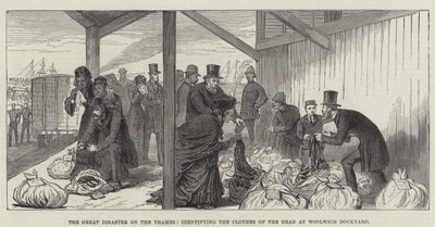 La grande catastrophe sur la Tamise, identification des vêtements des morts au chantier naval de Woolwich (gravure) - English School