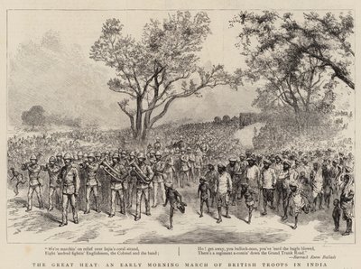La grande chaleur, une marche matinale des troupes britanniques en Inde (gravure) - English School