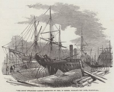 Le navire à vapeur "The Indus" partiellement détruit par le feu, dans le dock sec de Messers Wigram, Blackwall (gravure) - English School