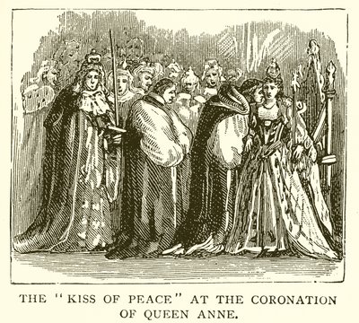 Le baiser de paix lors du couronnement de la reine Anne - English School