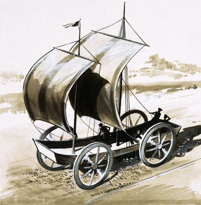 Le Navire terrestre, inventé par le Dr Wilkins, évêque de Chester, en 1648 - English School