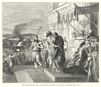Les faux prophètes, Achab et Sédécias, condamnés à mort, Jérémie XXIX, 21, 22 (gravure) - English School