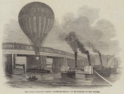 Le Ballon Nassau passant le pont de Battersea, sur son passage sur la Tamise (gravure) - English School