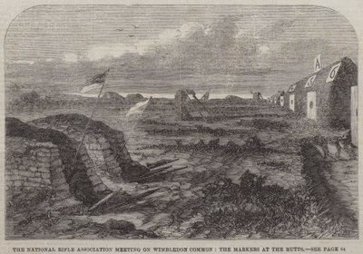 Réunion de la National Rifle Association à Wimbledon Common, les marqueurs aux buttes (gravure) - English School