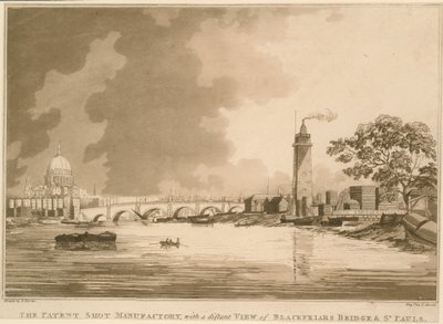 La Manufacture de plombs brevetée, avec une vue lointaine de Blackfriars Bridge et Saint-Paul, Londres - English School