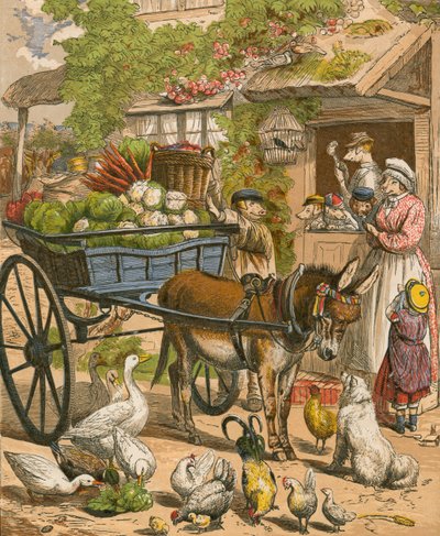 La famille Porker qui est restée à la maison pour manger du rôti de bœuf (lithographie en couleur) - English School