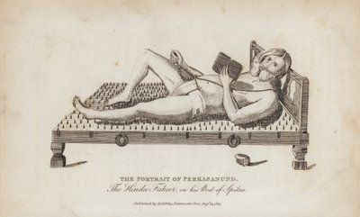 Portrait de Perkasanund, le fakir hindou, sur son lit de clous (gravure) - English School