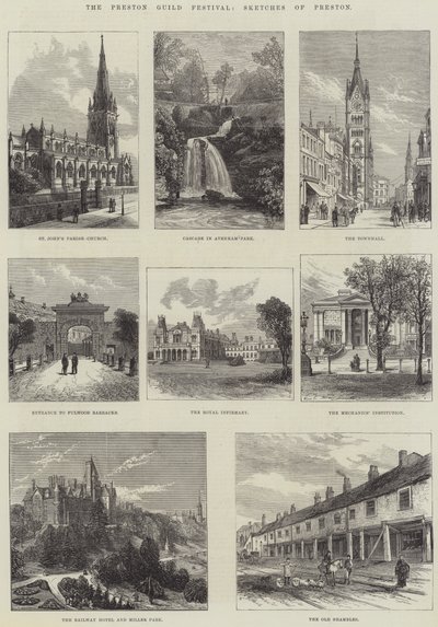 Le festival de la guilde de Preston, croquis de Preston (gravure) - English School