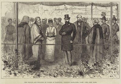 Le prince et la princesse de Galles à Hastings, ouverture du parc Alexandra (gravure) - English School