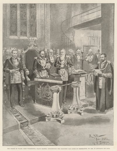 Le Prince de Galles, Très Vénérable Grand Maître, constituant la Loge du Barreau de la Chancellerie des Francs-Maçons, No 2456, dans le Hall de Lincoln
