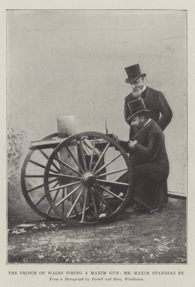 Le prince de Galles tirant avec une mitrailleuse Maxim, M. Maxim à ses côtés (gravure) - English School