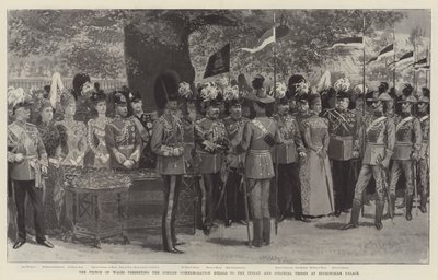Le Prince de Galles remettant les médailles commémoratives du jubilé aux troupes indiennes et coloniales au palais de Buckingham - English School
