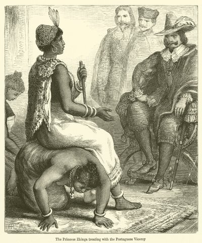 La princesse Zhinga traitant avec le vice-roi portugais (gravure) - English School
