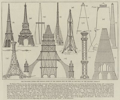 La tour proposée pour Londres, certains des designs actuellement exposés dans le hall de la Drapers