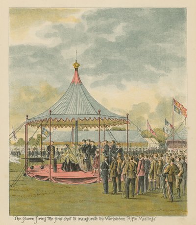 La reine tirant le premier coup pour inaugurer les réunions de tir de Wimbledon - English School