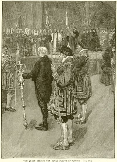 La reine ouvrant le palais de justice royal - English School