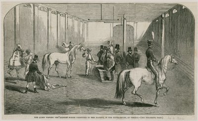La Reine regardant les chevaux arabes présentés à Sa Majesté, dans la maison de manège à Pimlico - English School