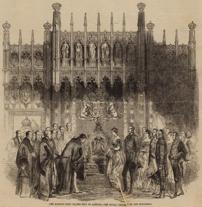 Visite de la Reine à la ville de Londres, le trône royal dans le Guildhall - English School