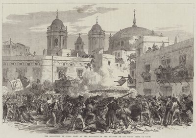 La révolution en Espagne, combat à la barricade dans le quartier de Los Vinas, Cadix (gravure) - English School