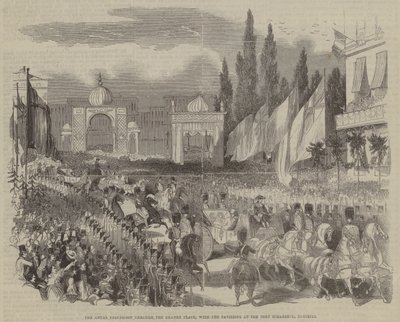 La procession royale à travers la Grande Place, avec les pavillons au Port Scharbeck, Bruxelles - English School