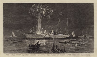 La régate du Royal Yacht Squadron à Cowes, le yacht "Osborne" du prince de Galles illuminé (gravure) - English School