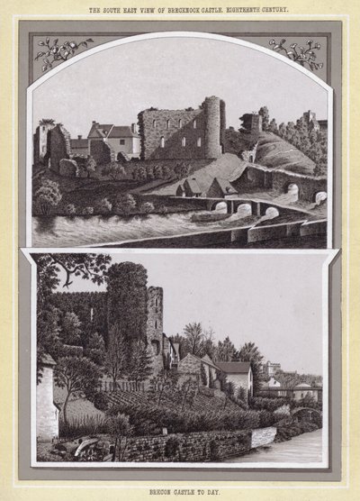 Vue sud-est du Château de Brecknock, XVIIIe siècle ; Château de Brecon aujourd
