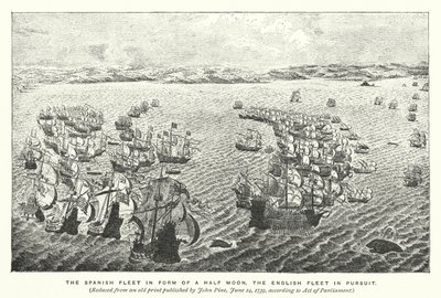 La flotte espagnole en forme de demi-lune, la flotte anglaise à sa poursuite - English School