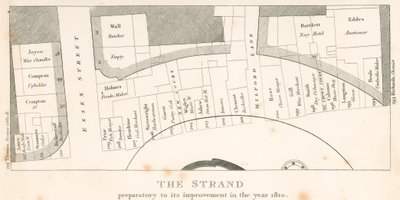 The Strand, Londres, avant son amélioration en 1810; plan de la zone - English School