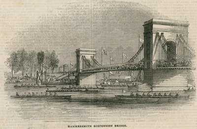 La régate de la Thames, bateaux sur le point de passer sous le pont de Hammersmith - English School