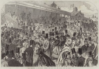 Les tribunes à Longchamps avant la course pour le Grand Prix de Paris (gravure) - English School