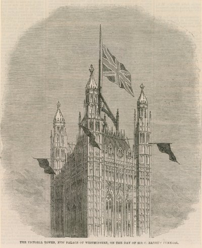 La tour Victoria, nouveau Palais de Westminster, le jour des funérailles de Sir C Barnet - English School