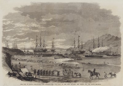 La guerre en Chine, départ de Hockly Pier, Odin Bay, de la cavalerie sikh et des troupes pour le Peiho - English School