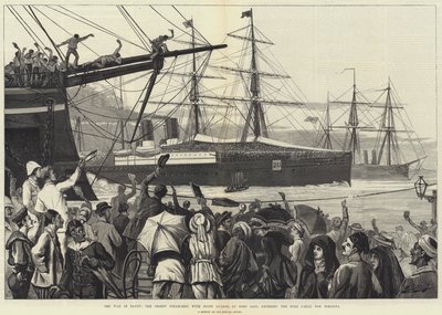 La guerre en Égypte, le navire à vapeur Orient, avec les Scots Guards, à Port-Saïd, entrant dans le canal de Suez pour Ismailia - English School