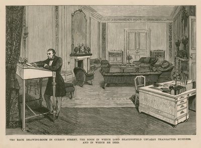 Le salon arrière de Curzon Street, Londres. La pièce où Lord Beaconsfield transigeait habituellement des affaires et où il est mort - English School
