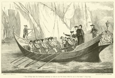 "Les évêques ont eu la curiosité barbare de vouloir voir le baron avec sa rame à la main" (gravure) - English School