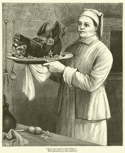 La tête de sanglier en main, avec des guirlandes joyeuses et du romarin - English School
