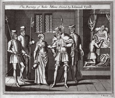 Le brûlage de la main de Rose Allins par Edmund Tyrill, illustration des Martyrs de Foxe vers 1703 - English School