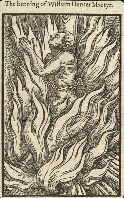 Le bûcher de William Hunter, martyr (gravure) - English School