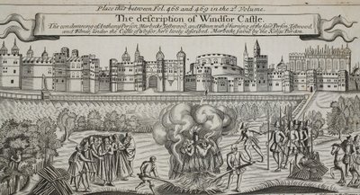 Description du château de Windsor, illustration des Actes et Monuments de John Foxe, neuvième édition, pub. 1684 - English School