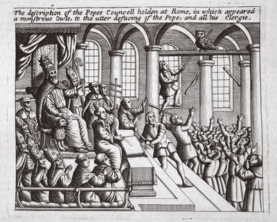 Description du concile des papes tenu à Rome, où apparut un hibou monstrueux, à la défiguration totale du pape et de tout son clergé, illustration des Actes et Monuments de John Foxe, neuvième édition - English School