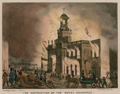 La destruction du Royal Exchange, Londres, par le feu dans la nuit du 10 janvier 1838 - English School