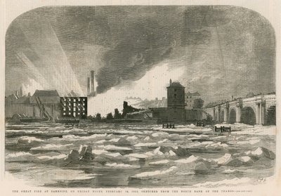 Le grand incendie à Bankside le vendredi soir, 14 février 1855, esquissé depuis la rive nord de la Tamise - English School