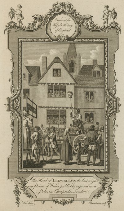 La tête de Llewellyn, le dernier prince régnant du Pays de Galles, exposée publiquement sur un poteau à Cheapside, Londres - English School