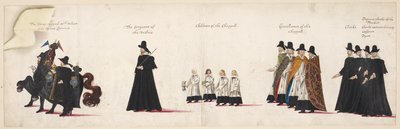 Le cheval piégé avec du velours, conduit par deux écuyers; le sergent de la Vestrie; enfants de la chapelle royale. Partie du cortège funèbre de la reine Elizabeth I à l