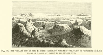 La glace intérieure vue au sud du Groenland, avec les Nunataks, ou pics ou îles dénudés de glace, apparaissant au milieu - English School